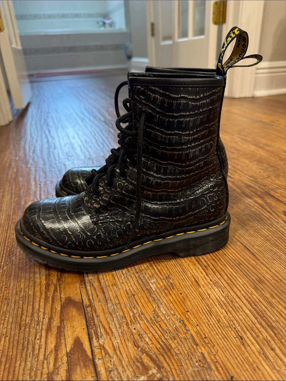 Dr. Martens Black Croc-Embossed Lace-Up Boots with Yellow Stitching